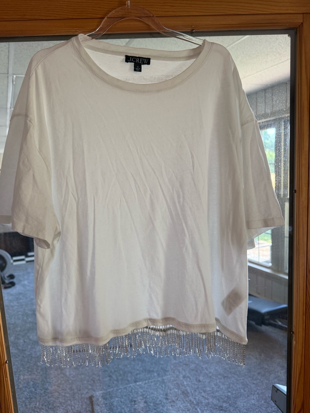 J. Crew White Cotton Relaxed Crewneck Tee with  silver beading. Xl